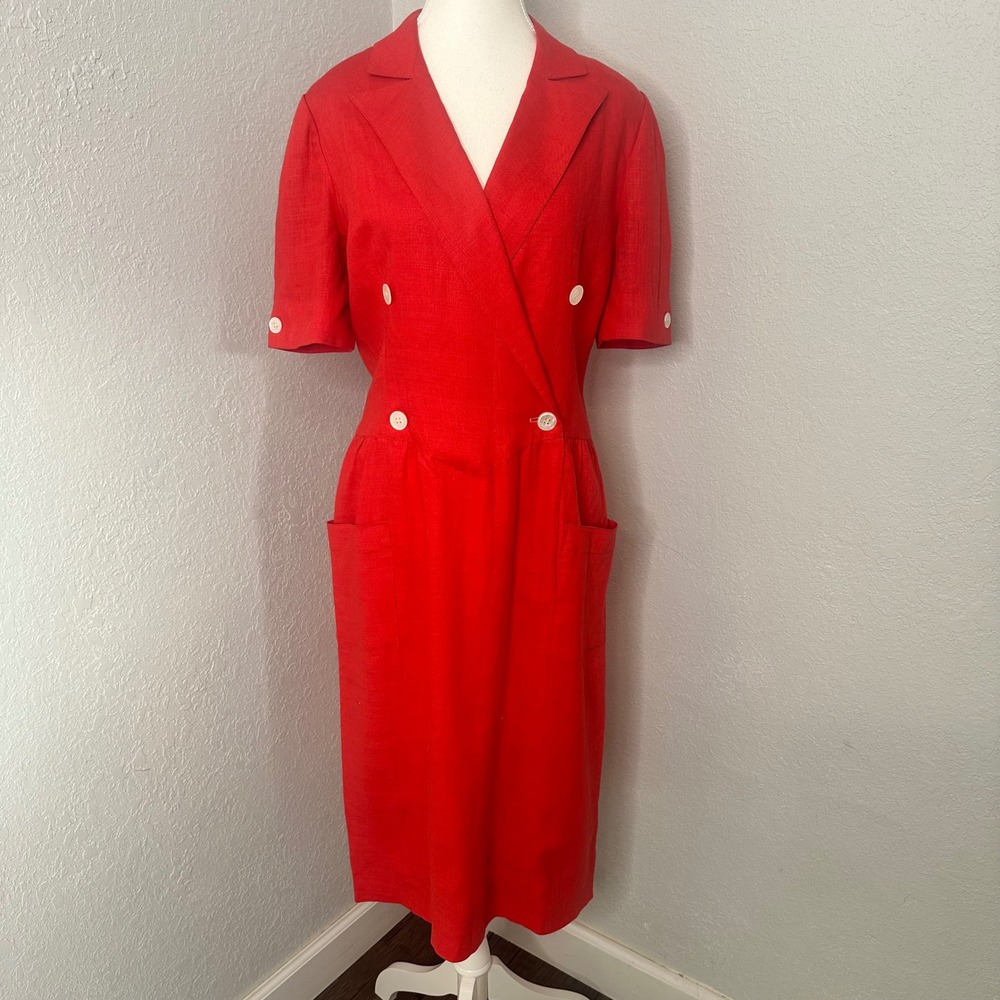 Vintage 1980s Adele Simpson Red Double Breasted Short Sleeve‎ Button Down Dress